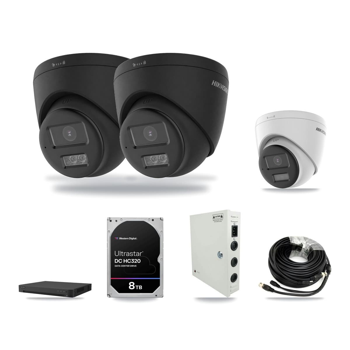 Hikvision 16-channel CCTV kit: 3 cameras (2× 4K Turret DS-2CE78U0T-LTS-BLACK + 1× 4K Turret DS-2CE78U0T-LPTS), 8TB hard drive