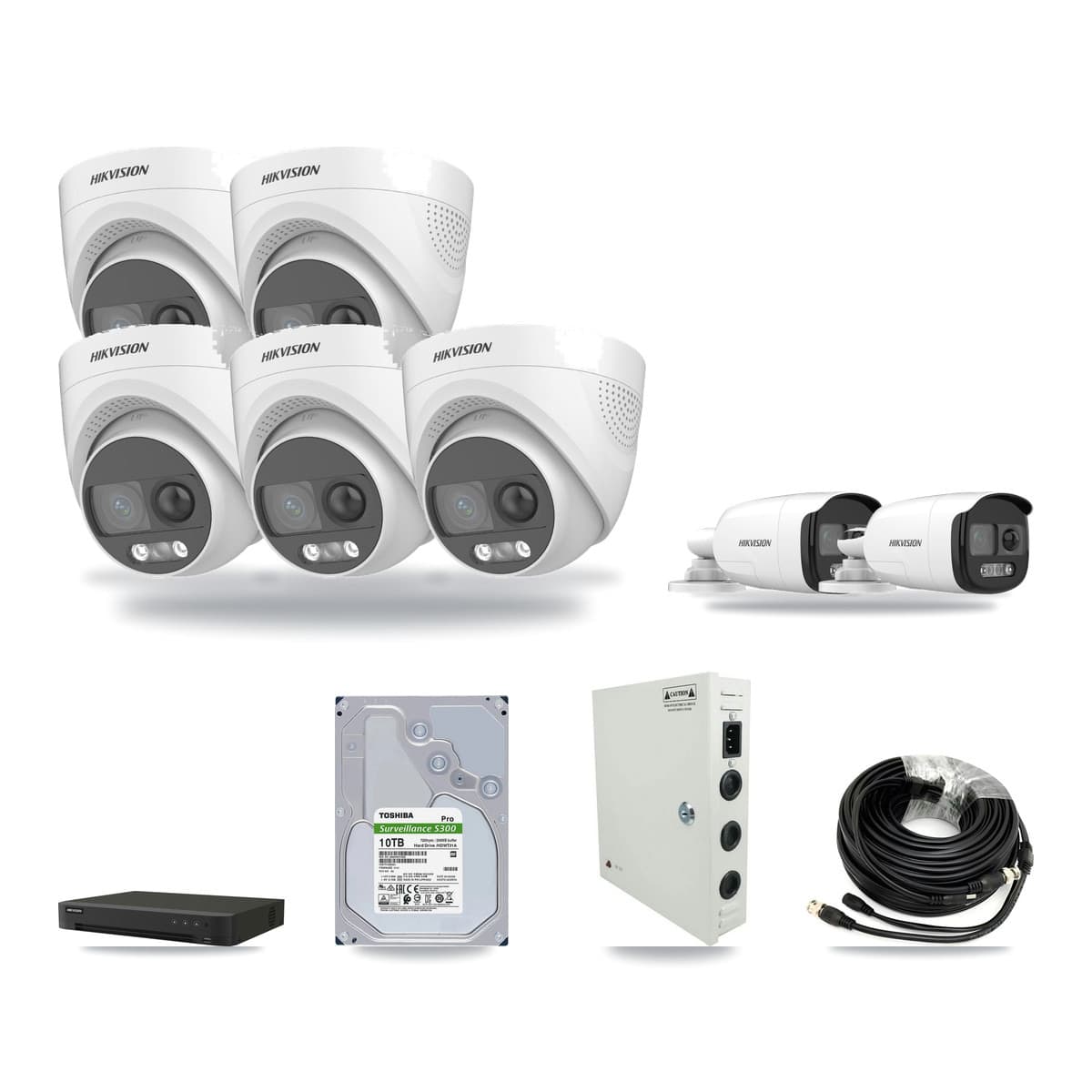 Hikvision 8-channel CCTV kit: 7 cameras (5× 5MP Turret + 2× 5MP Bullet), 10TB hard drive