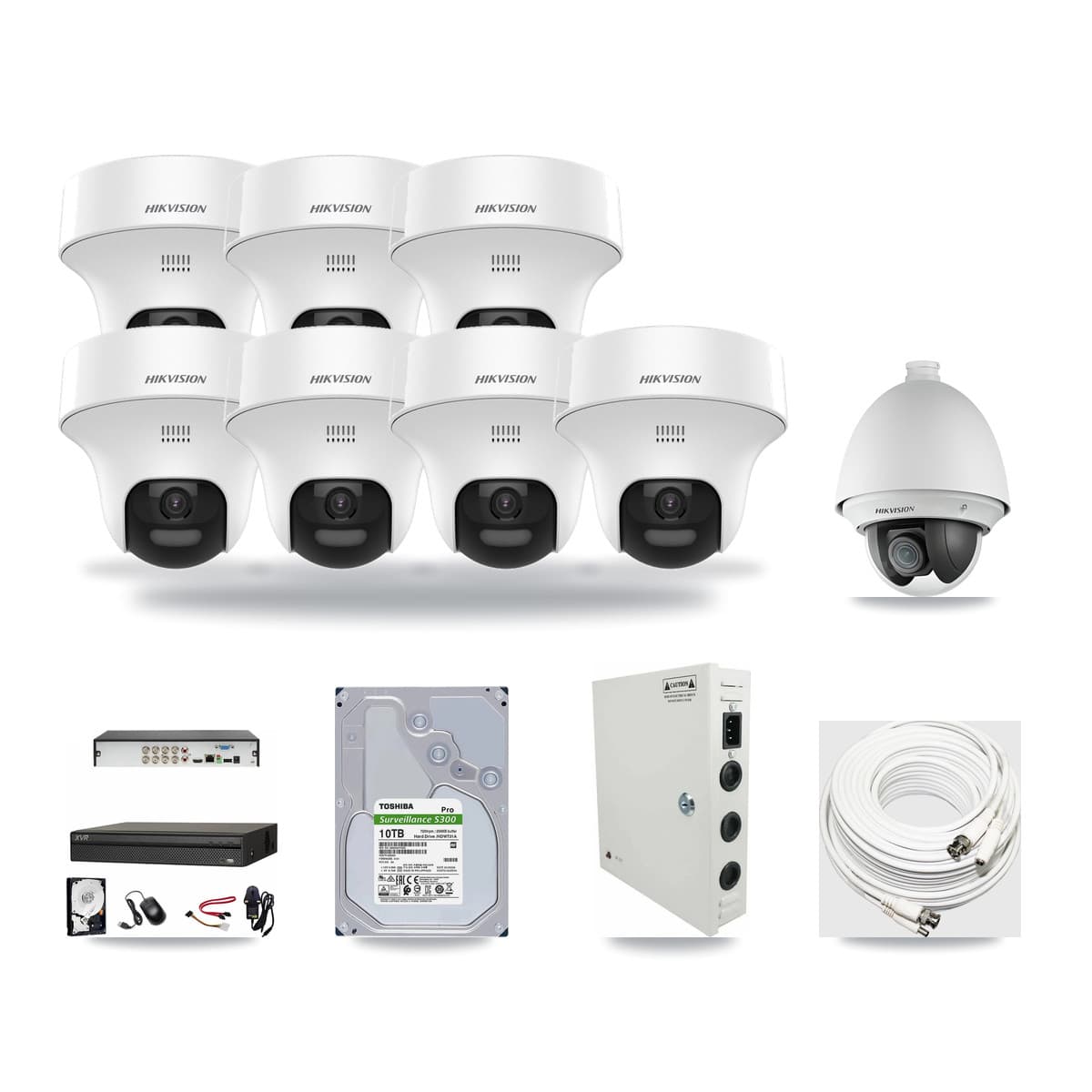 Dahua 8-channel CCTV kit: 8 cameras (7× 5MP Turret + 1× 2MP PTZ), 10TB hard drive