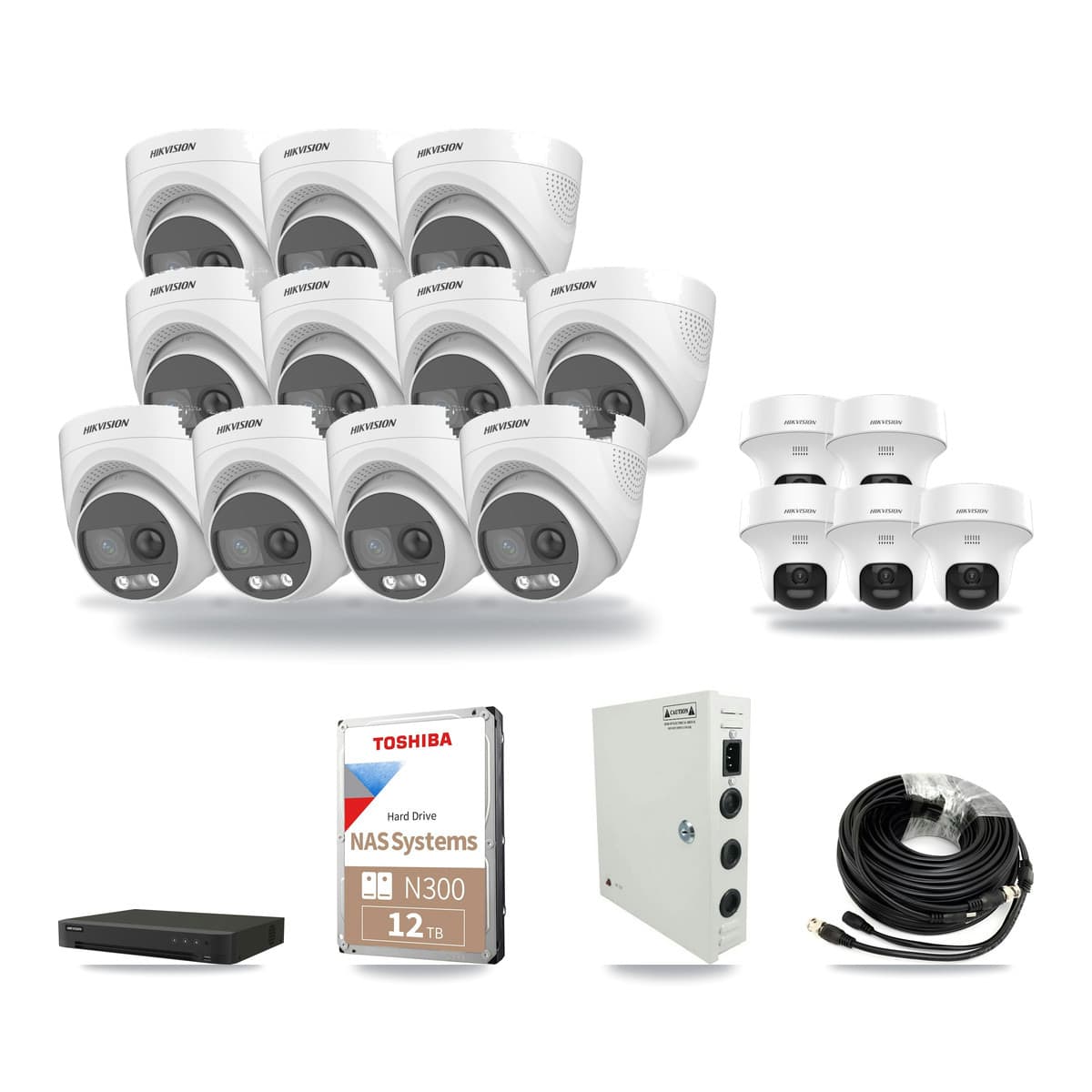 Hikvision 16-channel CCTV kit: 16 cameras (11× 5MP Turret DS-2CE72KF3T + 5× 5MP Turret DS-2CE70K0T), 12TB hard drive