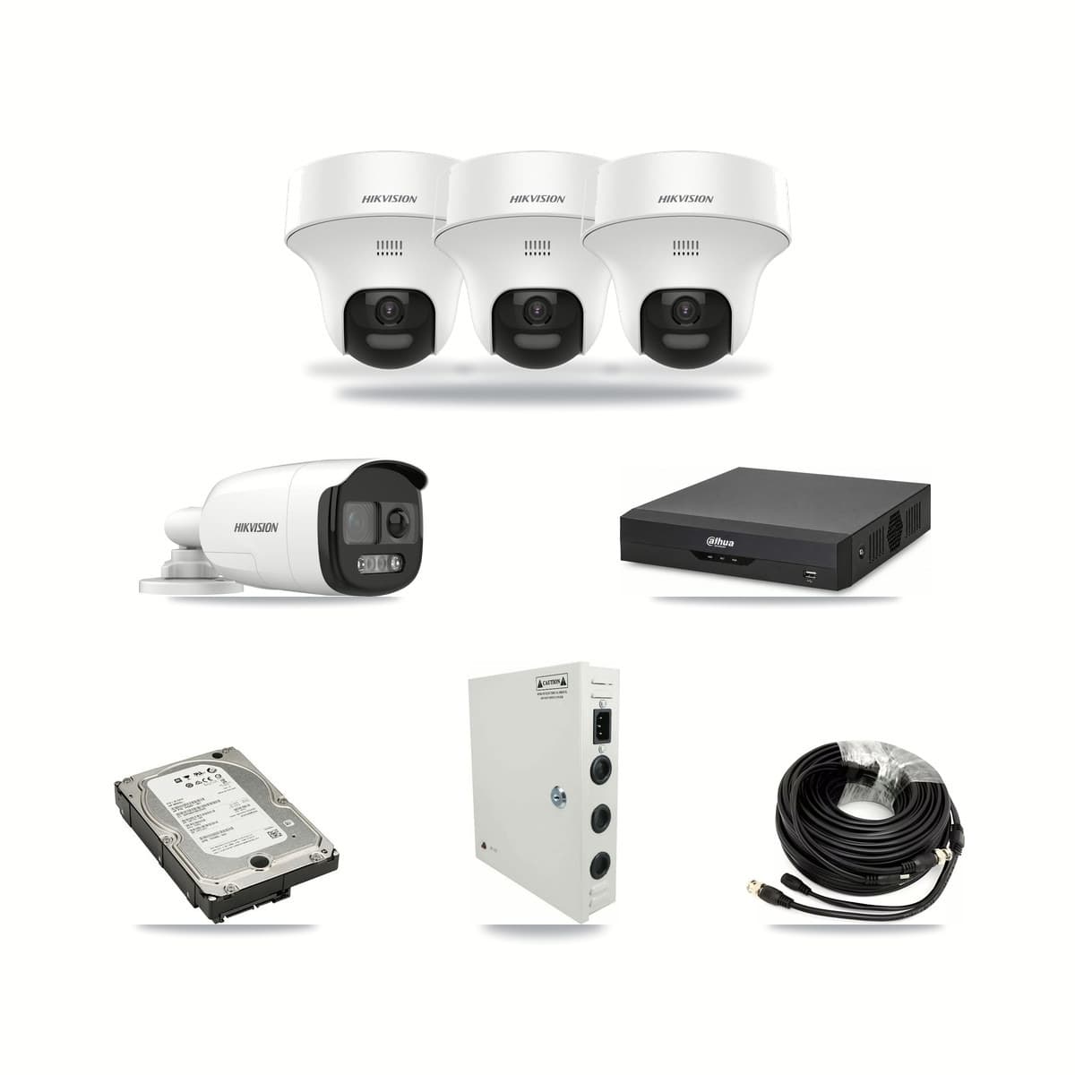Hikvision & Dahua 4-Channel 5MP CCTV Kit — 1 DS-2CE12KF3T Bullet + 3 DS-2CE70K0T Turret Cameras + 5TB Recording - Image 1