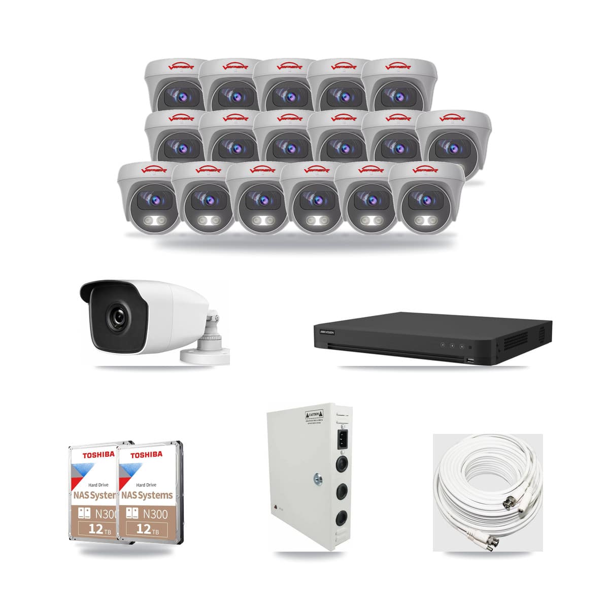 32-Channel 3MP – 5MP CCTV Kit — 1 3MP Bullet + 17 White 5MP Cameras + 2× 12TB Recording (IDS-7232HQHI Recorder) - Image 1