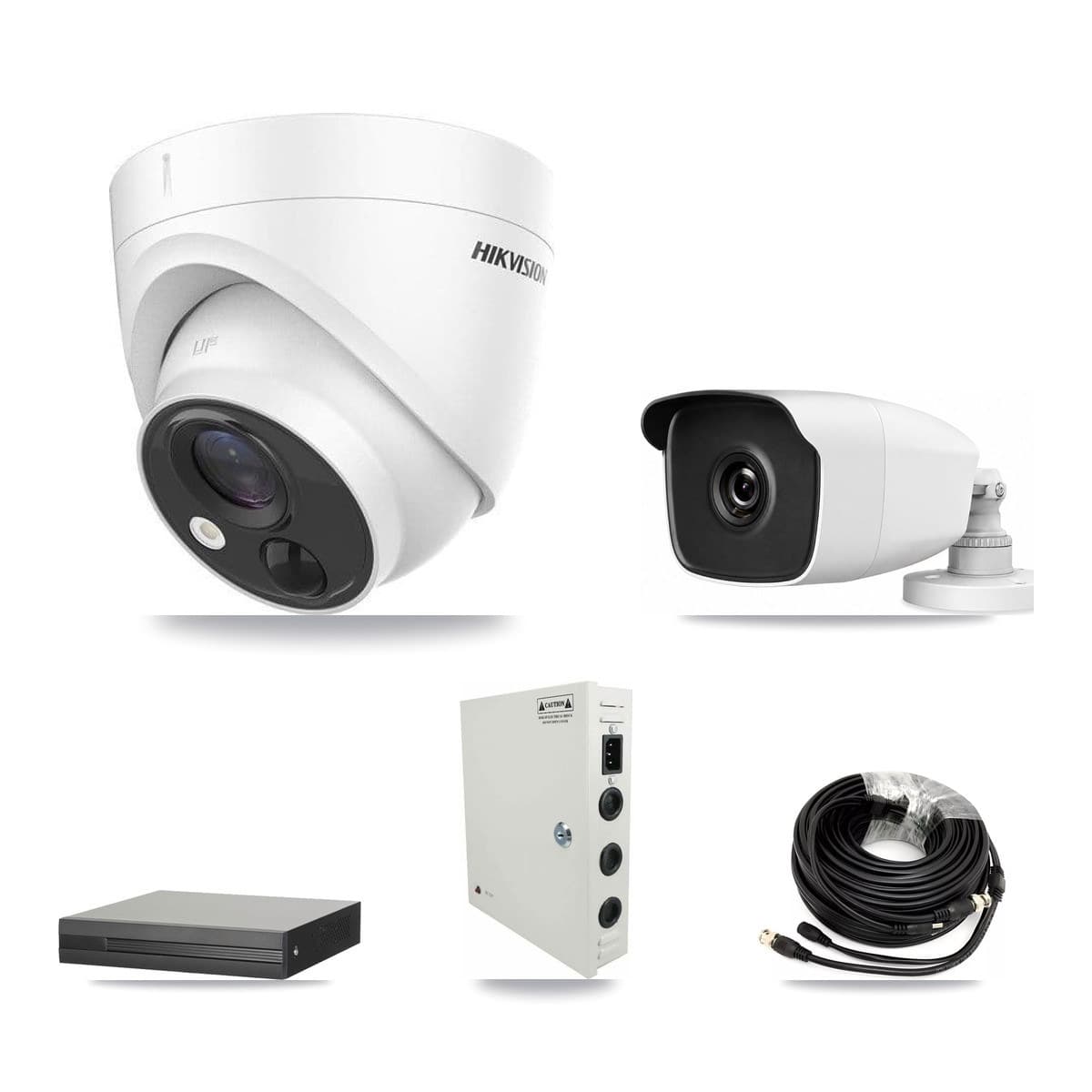 4-Channel 3MP – 5MP CCTV Kit — 1 Hikvision DS-2CE71H0T 5MP Turret + 1 HiLook THC-B230-R 3MP Bullet Cameras + 3TB Recording - Image 1