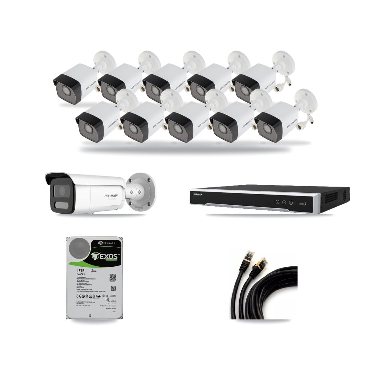 Hikvision 16-channel CCTV kit: 11 cameras (10× 5MP Bullet + 1× 4K Bullet), 16TB hard drive