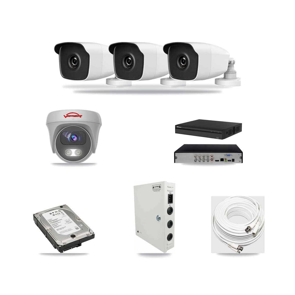 8-Channel 3MP – 5MP CCTV Kit — 3 3MP Bullet + 1 White 5MP Cameras + 5TB Recording (PXD-5108HS Recorder) - Image 1