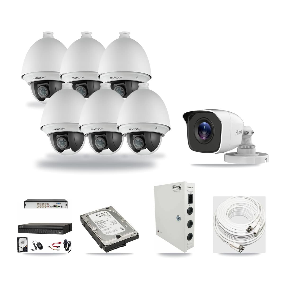 8-Channel 2MP – 4MP CCTV Kit — 6 Hikvision DS-2AE4225T-A 2MP PTZ + 1 HiLook THC-B140-R 4MP Bullet Cameras + 5TB Recording (XVR-3108AD-4K Recorder) - Image 1