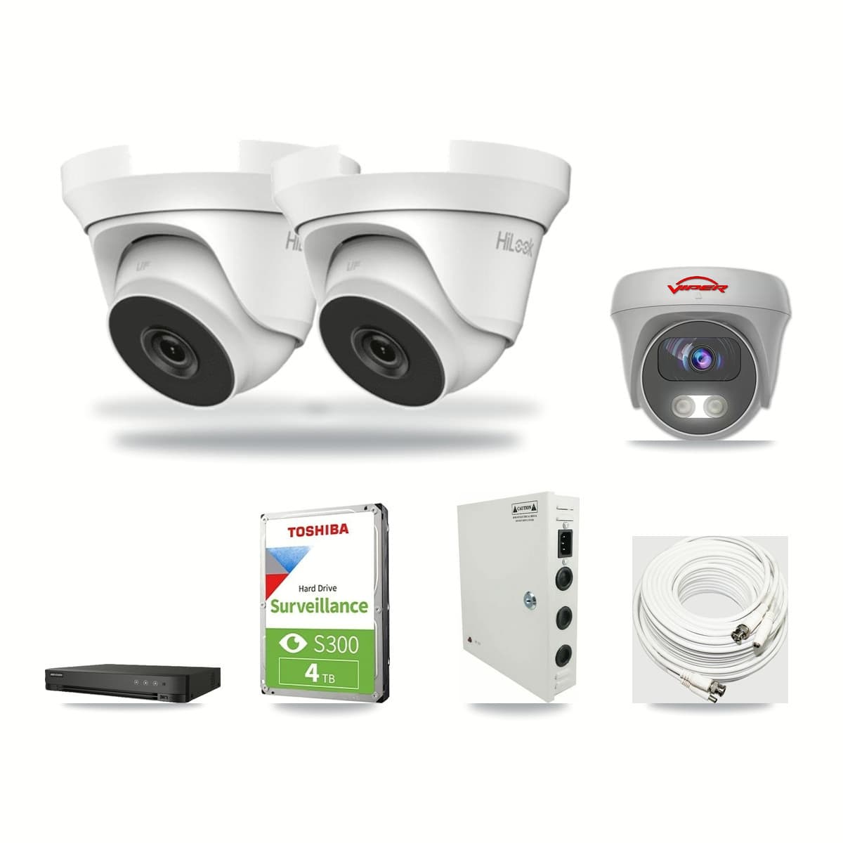 8-Channel 4MP – 5MP CCTV Kit — 2 THC-T240-M-R 4MP Turret + 1 White VIPER-5MP-3K-AOC-WHITE-2.8MM 5MP Cameras + 4TB Recording (IDS-7208HUHI-M1/E Recorder) - Image 1