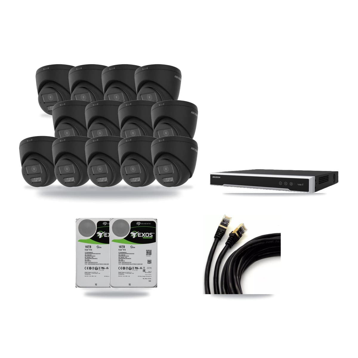 Hikvision 16-channel CCTV kit: 14 cameras (13× 4K Turret + 1× 5MP Dome), 2× 16TB hard drive
