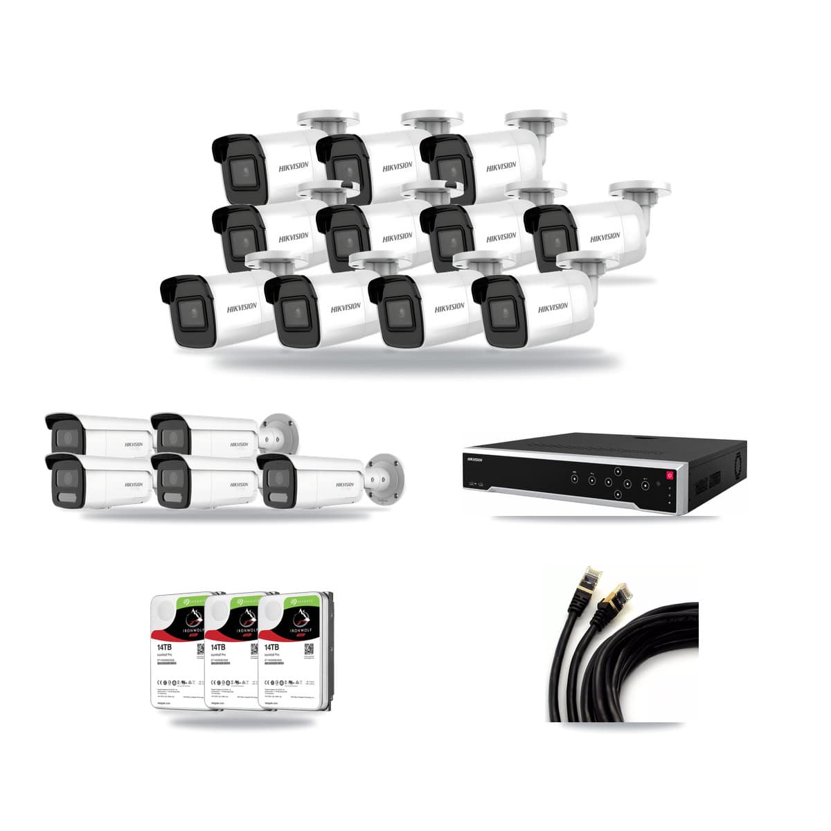 Hikvision 32-Channel 4K CCTV Kit — 11 DS-2CD2085G1 + 5 DS-2CD2T87G2H Bullet Cameras + 3× 14TB Recording - Image 1