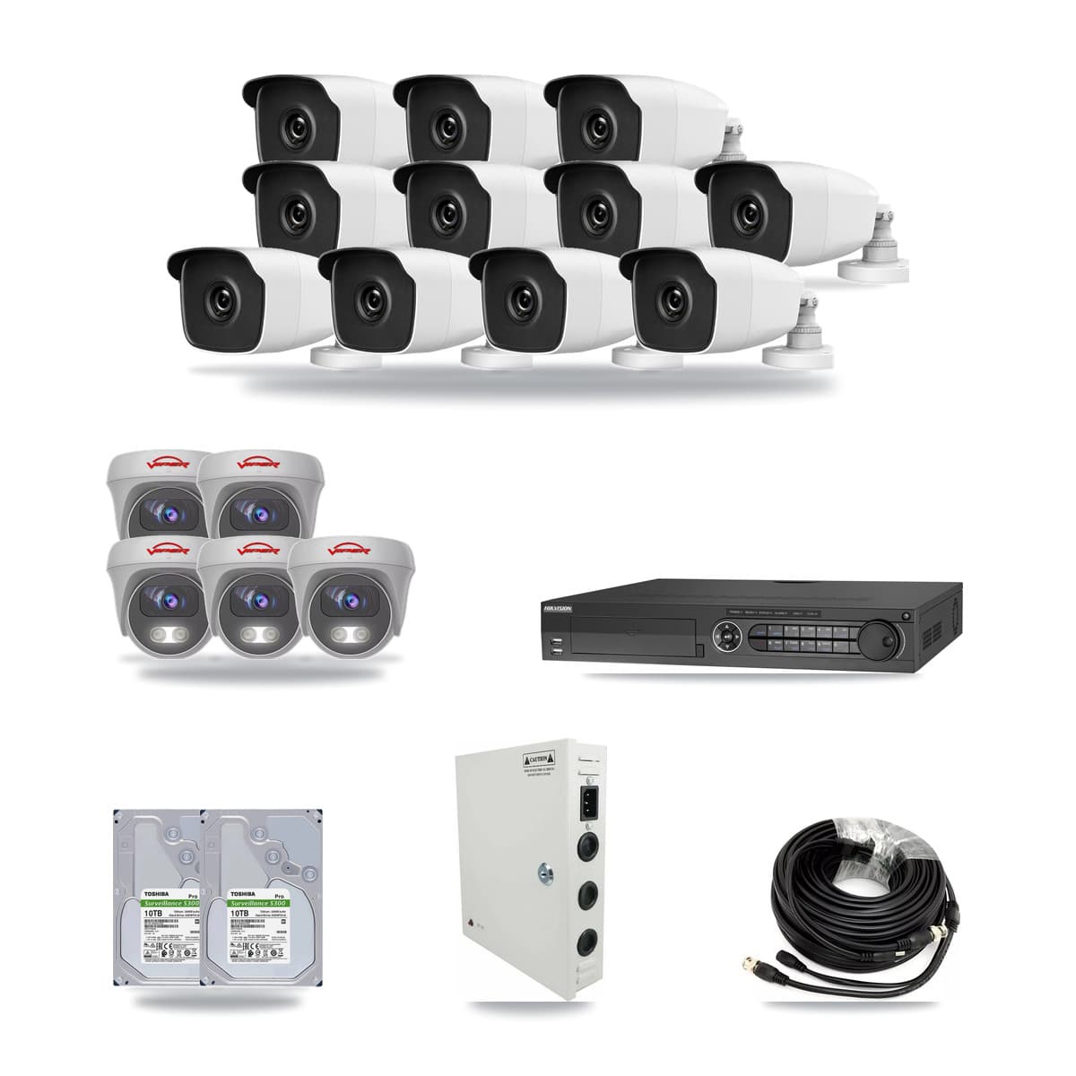 32-Channel 3MP – 5MP CCTV Kit — 11 3MP Bullet + 5 5MP Cameras + 2× 10TB Recording - Image 1