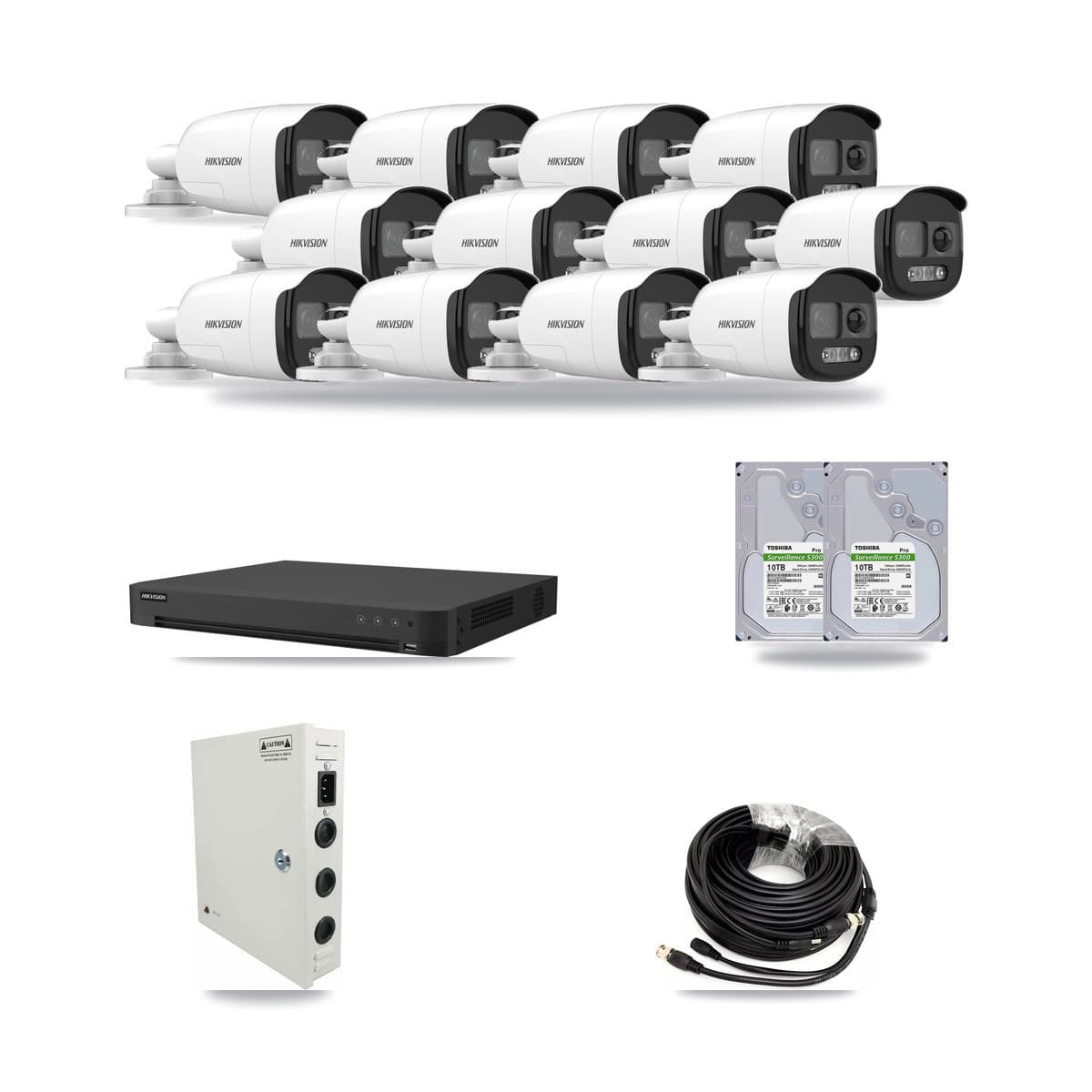 Hikvision 16-channel CCTV kit: 12 cameras (12× 5MP Bullet), 2× 10TB hard drive