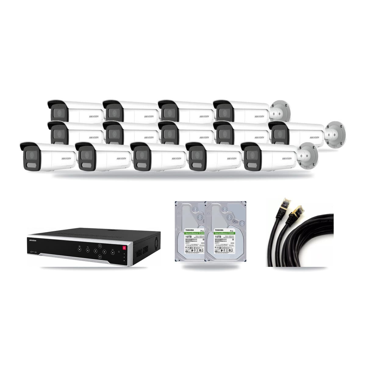 Hikvision 32-channel CCTV kit: 14 cameras (13× 4MP Bullet + 1× 4K Bullet), 2× 10TB hard drive