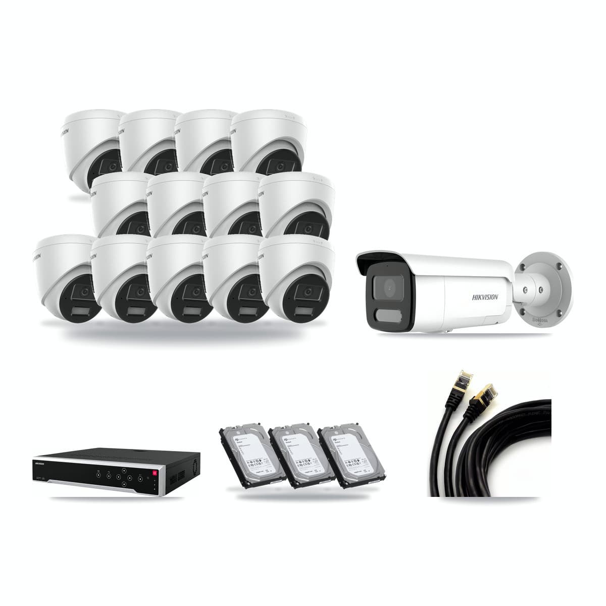 Hikvision 32-channel CCTV kit: 14 cameras (13× 4MP Turret + 1× 4MP Bullet), 3× 6TB hard drive