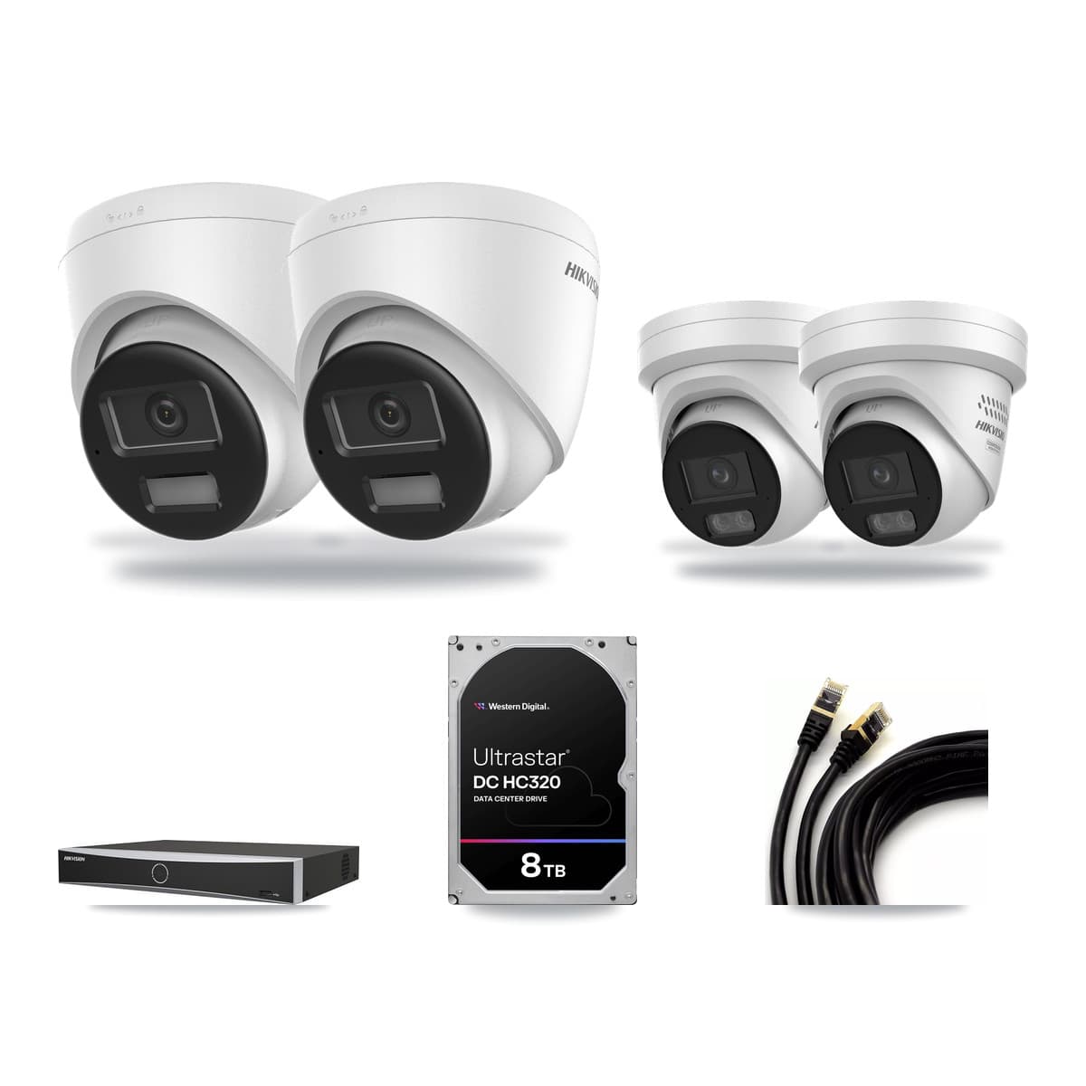 Hikvision 4-channel CCTV kit: 4 cameras (2× 4K Turret + 2× 4MP Turret), 8TB hard drive