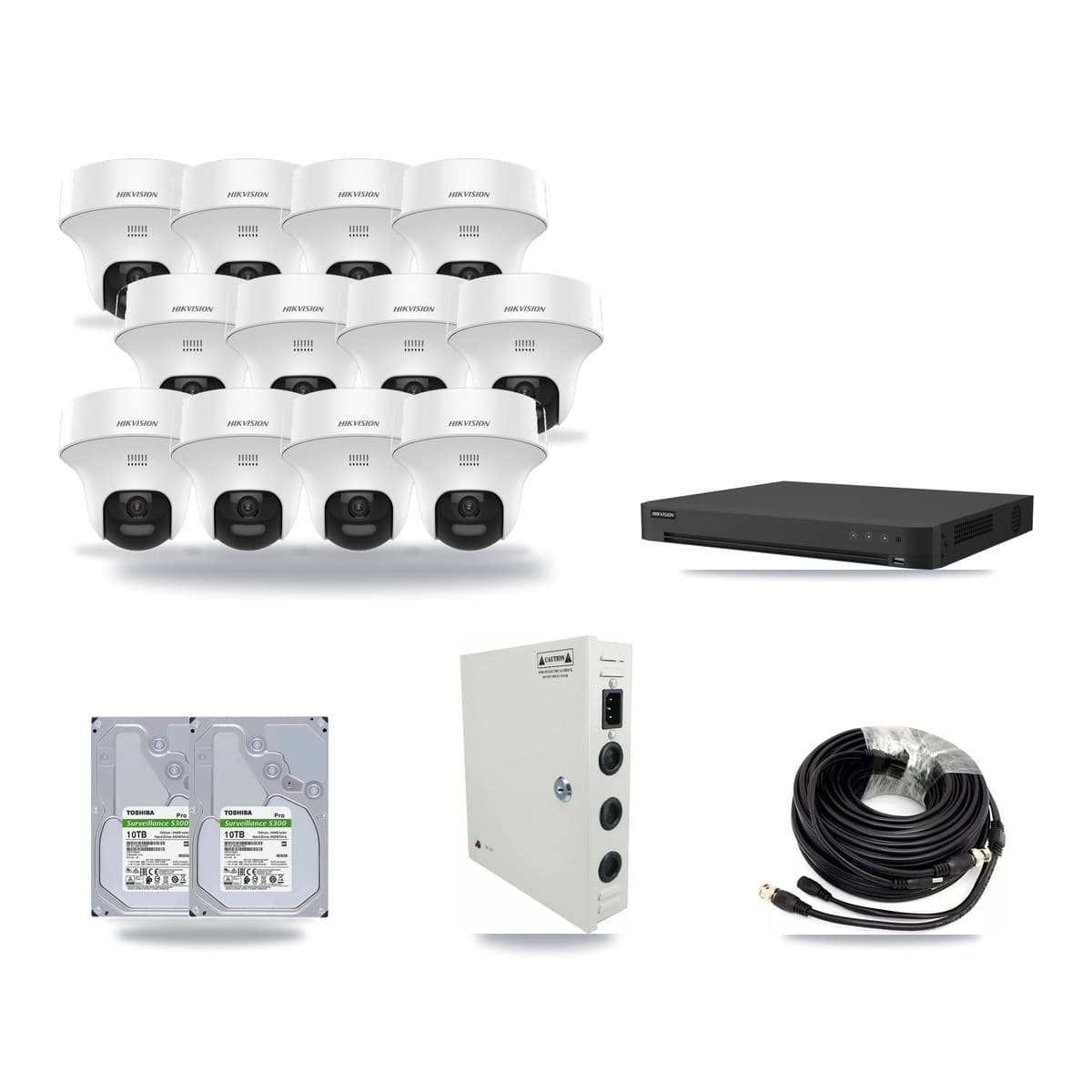 Hikvision 16-channel CCTV kit: 12 cameras (12× 5MP Turret), 2× 10TB hard drive