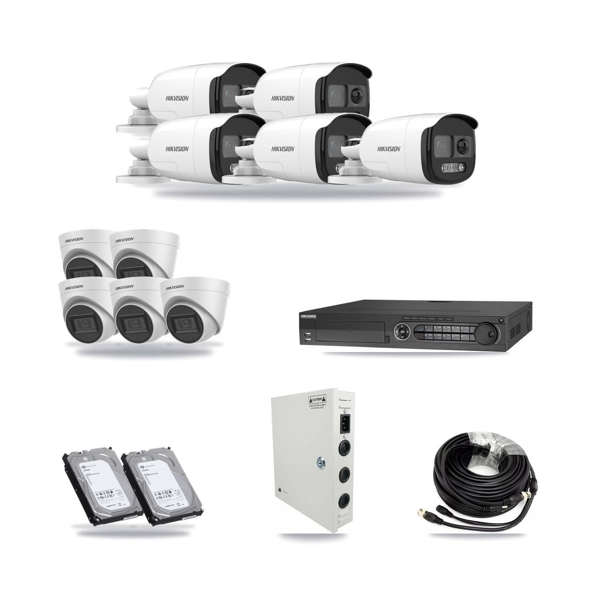 Hikvision 32-channel CCTV kit: 10 cameras (5× 5MP Bullet + 5× 5MP Turret), 2× 6TB hard drive