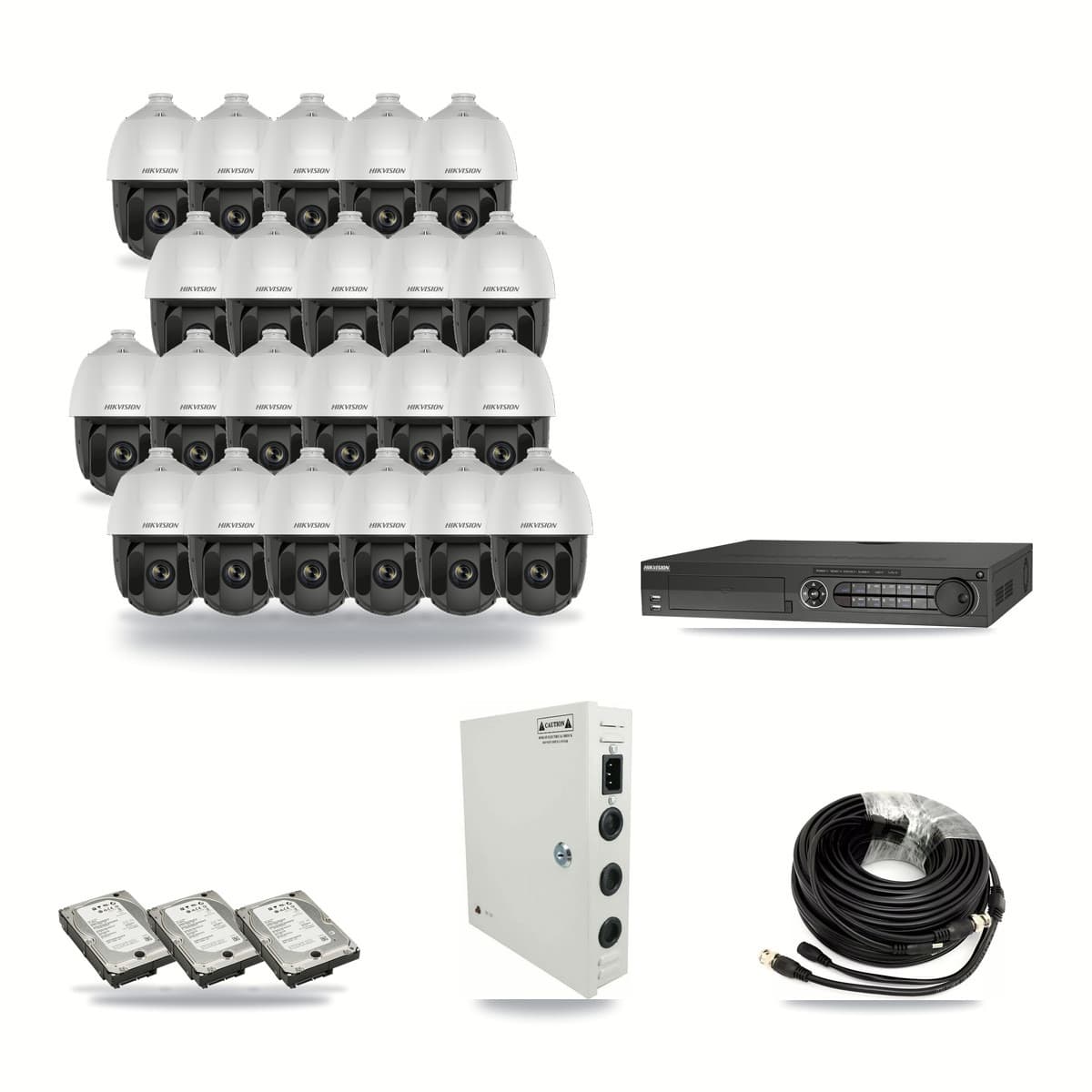 Hikvision 32-channel CCTV kit: 22 cameras (22× 2MP PTZ), 3× 5TB hard drive