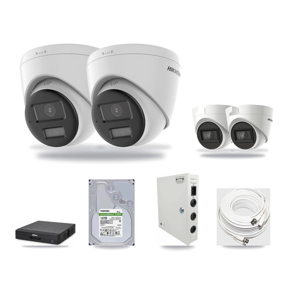 Hikvision & Dahua 4-Channel 4K CCTV Kit — 2 DS-2CE78U0T + 2 DS-2CE78U1T Turret Cameras + 10TB Recording - Image 1