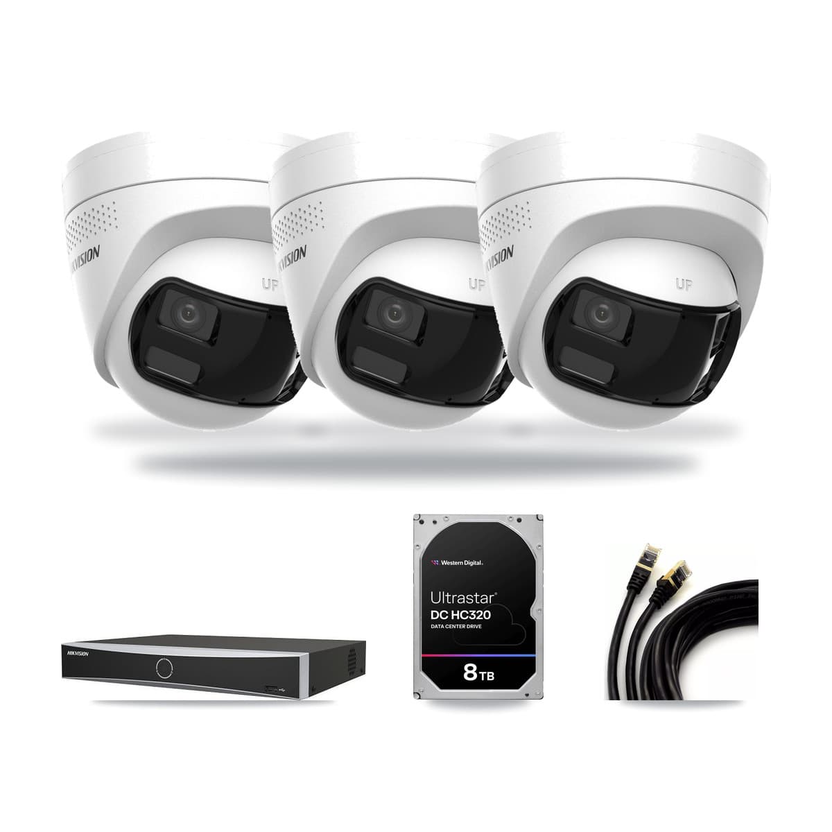 Hikvision 4-channel CCTV kit: 3 cameras (3× 4K Turret), 8TB hard drive