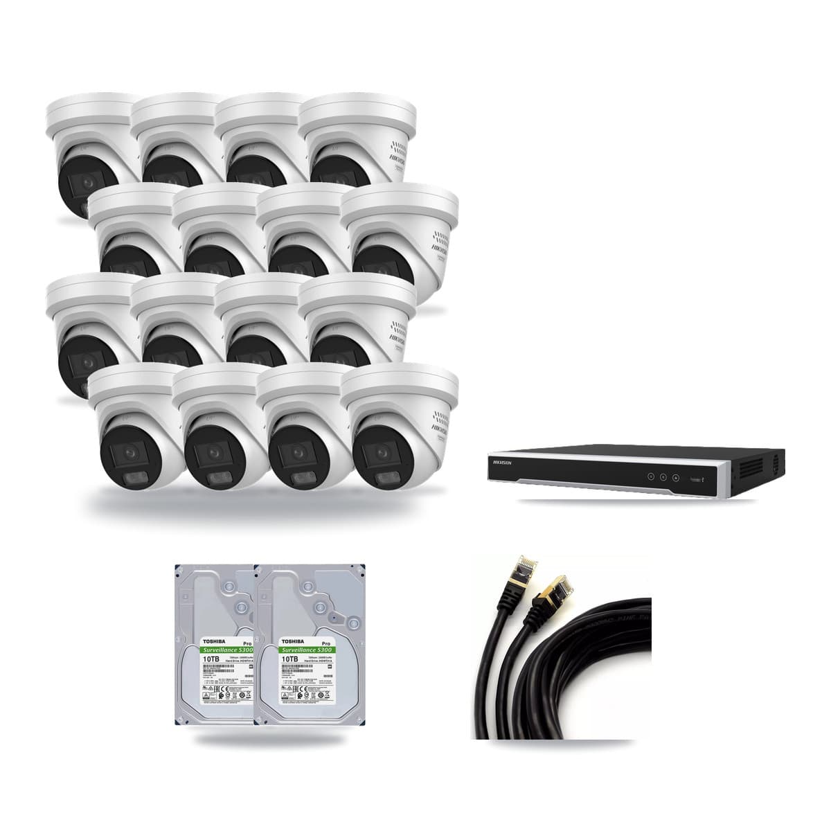 Hikvision 16-channel CCTV kit: 16 cameras (16× 4MP Turret), 2× 10TB hard drive