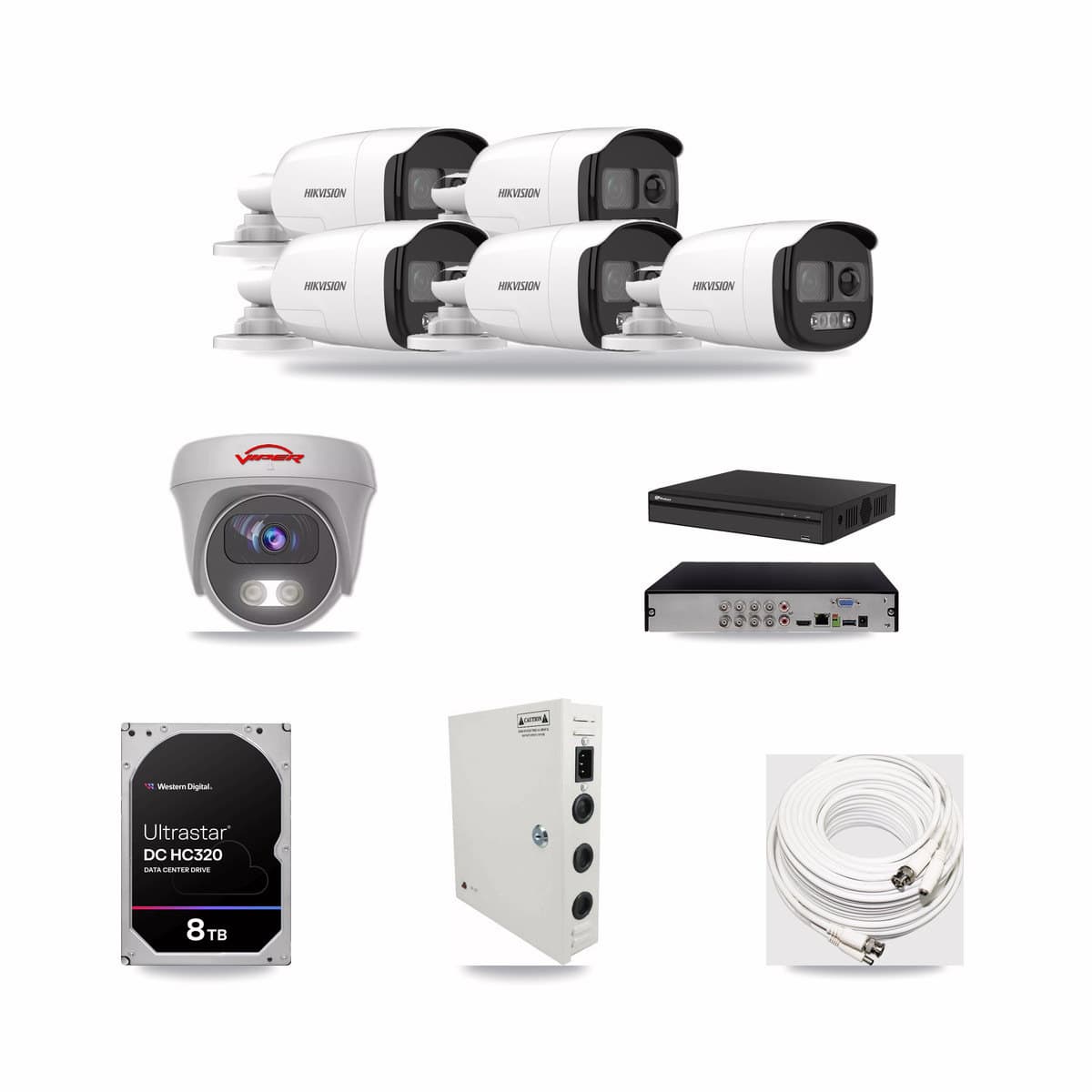 8-Channel 5MP CCTV Kit — 5 DS-2CE12KF3T Bullet + 1 White VIPER-5MP-3K Cameras + 8TB Recording (PXD-5108HS Recorder) - Image 1