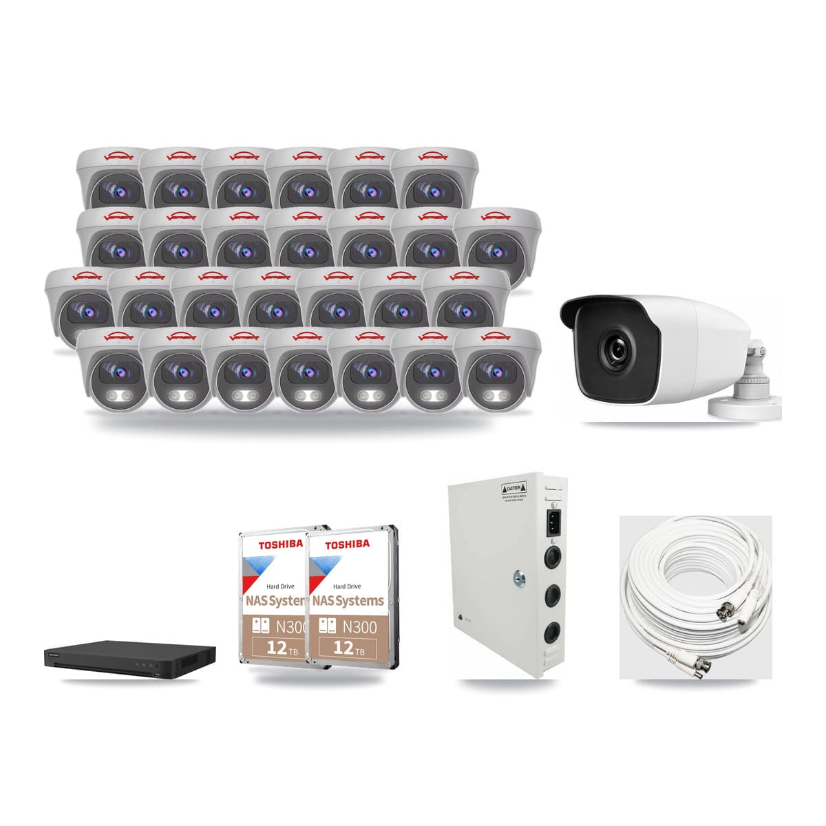 32-Channel 3MP – 5MP CCTV Kit — 1 3MP Bullet + 27 5MP Cameras + 2× 12TB Recording - Image 1