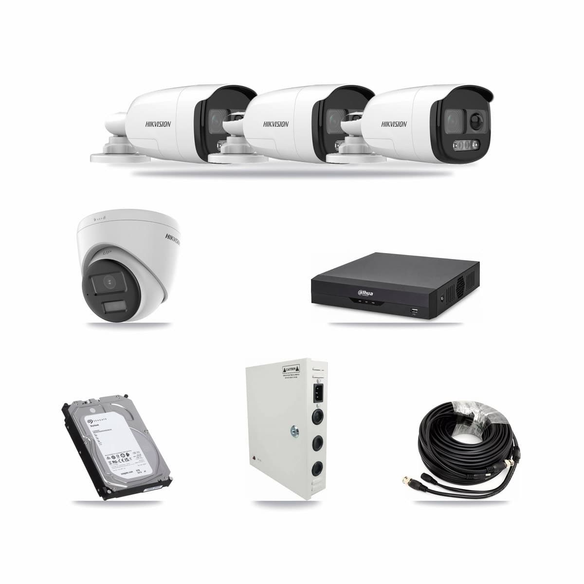 Hikvision & Dahua 4-Channel 5MP – 4K CCTV Kit — 3 5MP Bullet + 1 4K Turret Cameras + 6TB Recording - Image 1