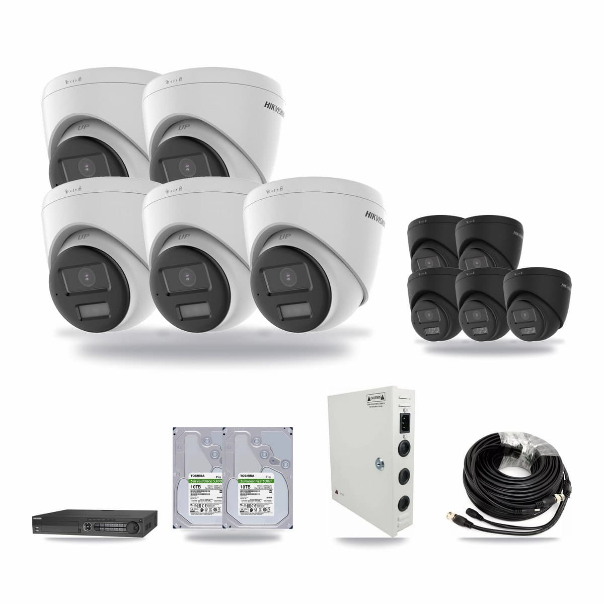 Hikvision 32-channel CCTV kit: 10 cameras (5× 5MP Turret + 5× 4K Turret), 2× 10TB hard drive