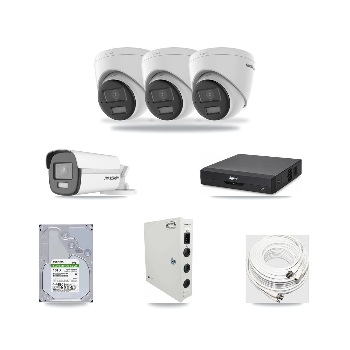 Hikvision & Dahua 4-Channel 4K CCTV Kit — 1 Bullet + 3 Turret Cameras + 10TB Recording - Image 1