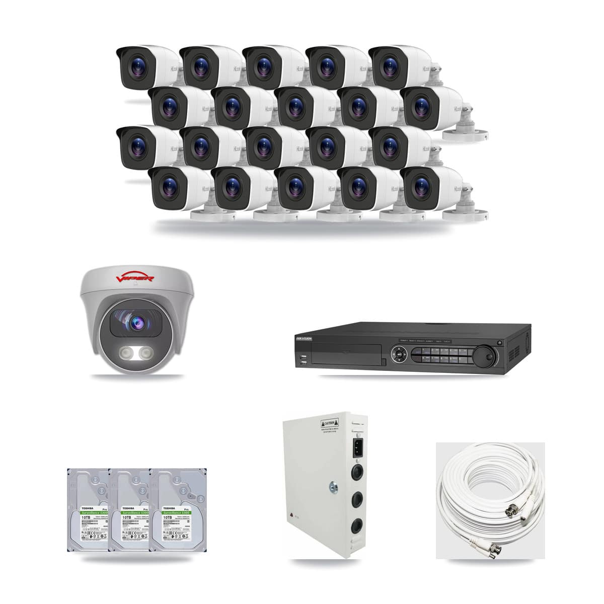 32-Channel 4MP – 5MP CCTV Kit — 20 4MP Bullet + 1 White 5MP Cameras + 3× 10TB Recording (IDS-7332HUHI Recorder) - Image 1