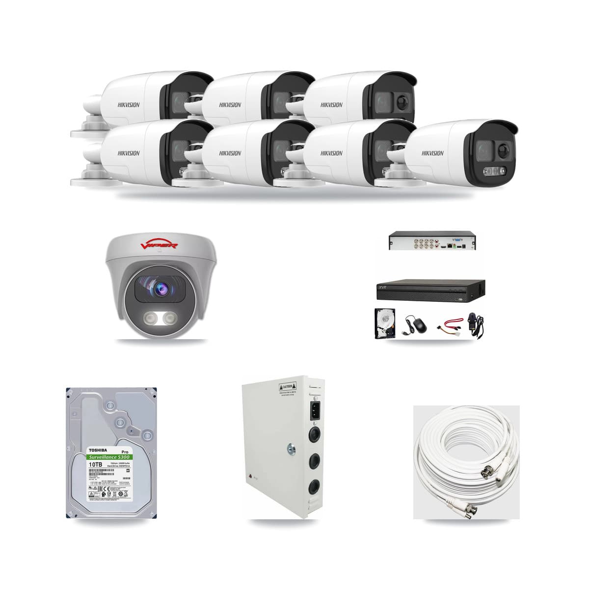 8-Channel 5MP CCTV Kit — 7 Hikvision DS-2CE12KF3T Bullet + 1 Viper White VIPER-5MP-3K Cameras + 10TB Recording (XVR-3108AD Recorder) - Image 1