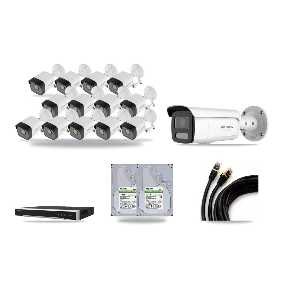Hikvision 16-channel CCTV kit: 14 cameras (13× 5MP Bullet + 1× 4K Bullet), 2× 10TB hard drive
