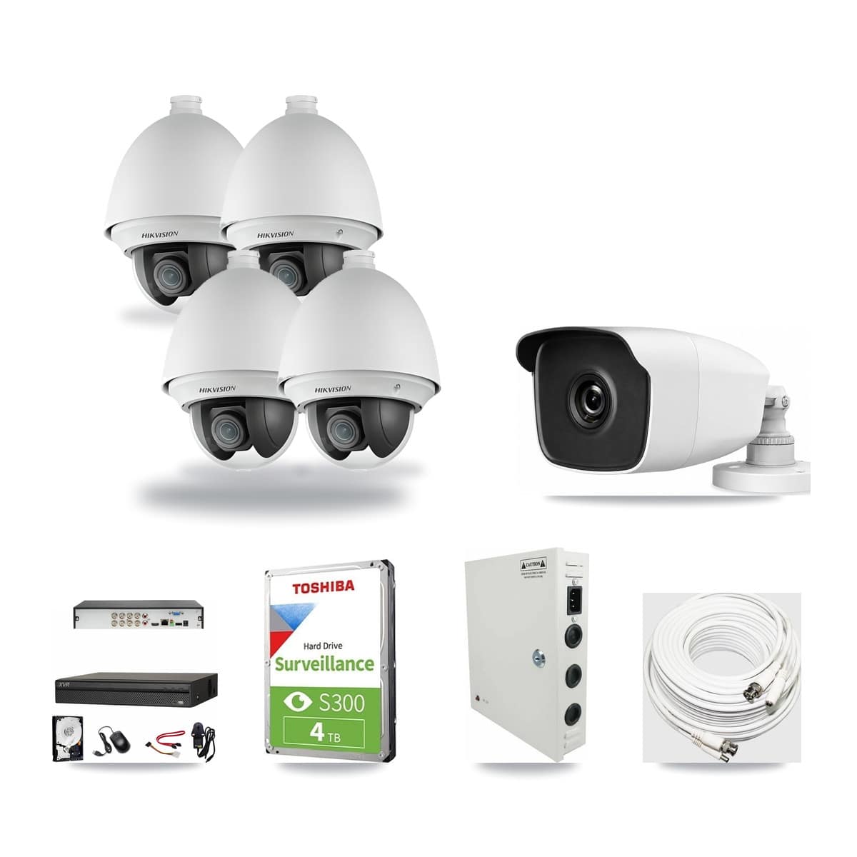 8-Channel 2MP – 3MP CCTV Kit — 4 Hikvision DS-2AE4225T-A 2MP PTZ + 1 HiLook THC-B230-R 3MP Bullet Cameras + 4TB Recording (XVR-3108AD-4K Recorder) - Image 1