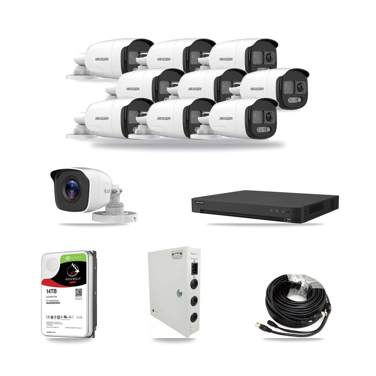 Hikvision 16-channel CCTV kit: 10 cameras (9× 5MP Bullet + 1× 4MP Bullet), 14TB hard drive
