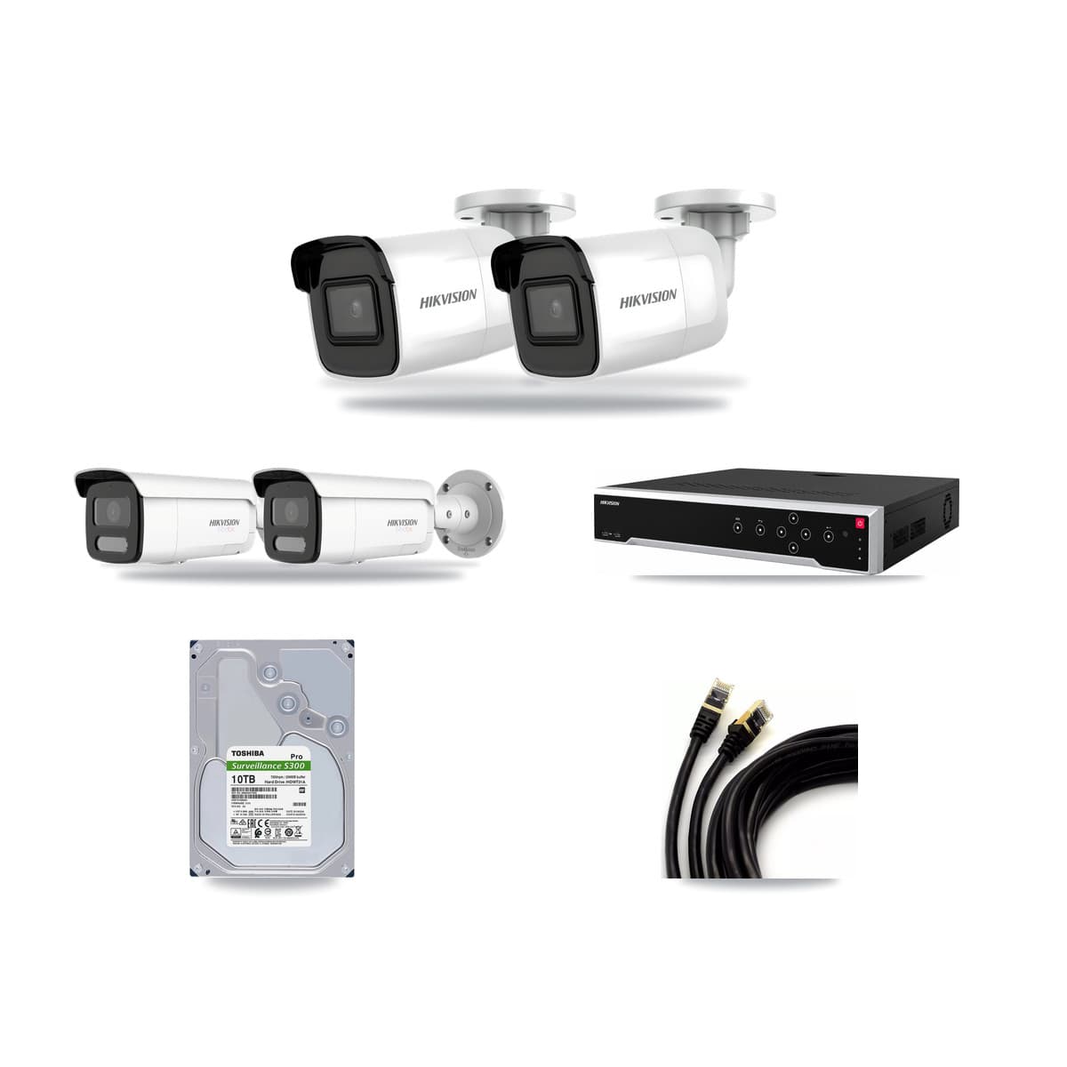Hikvision 32-channel CCTV kit: 4 cameras (2× 4K Bullet DS-2CD2085G1 + 2× 4K Bullet DS-2CD2T87G2H), 10TB hard drive