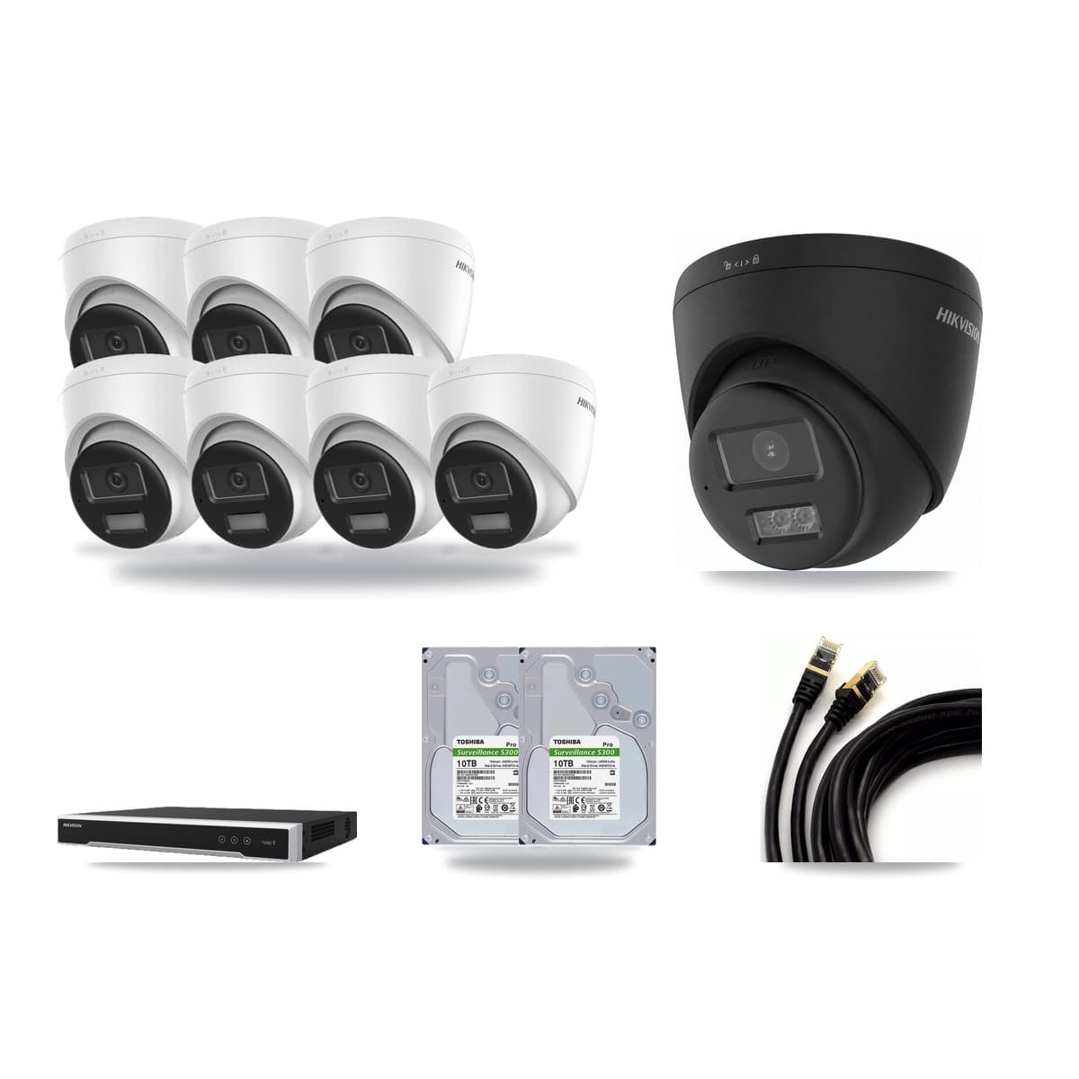 Hikvision 8-channel CCTV kit: 8 cameras (7× 4K Turret DS-2CD1383G2-LIUF/SL + 1× 4K Turret DS-2CD1383G2-LIUF/SL-BLACK), 2× 10TB hard drive
