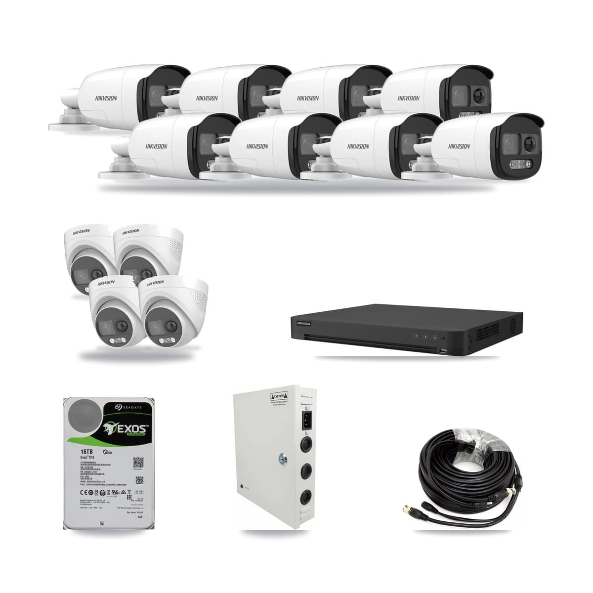 Hikvision 16-channel CCTV kit: 12 cameras (8× 5MP Bullet + 4× 5MP Turret), 16TB hard drive