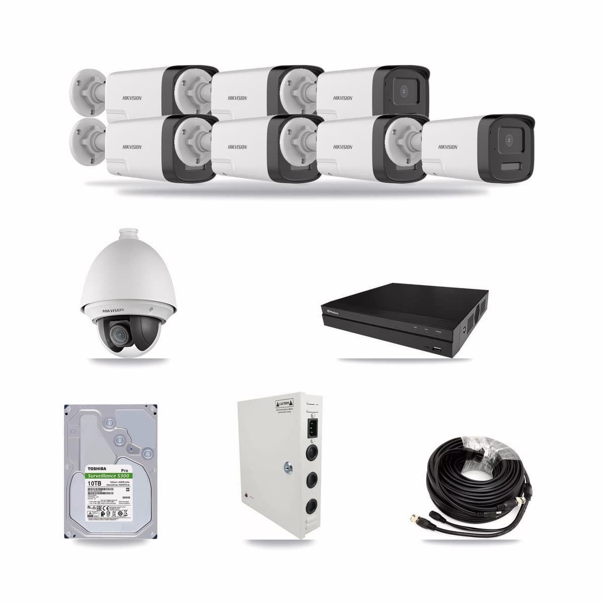 Prolux 8-channel CCTV kit: 8 cameras (7× 5MP Bullet + 1× 2MP PTZ), 10TB hard drive