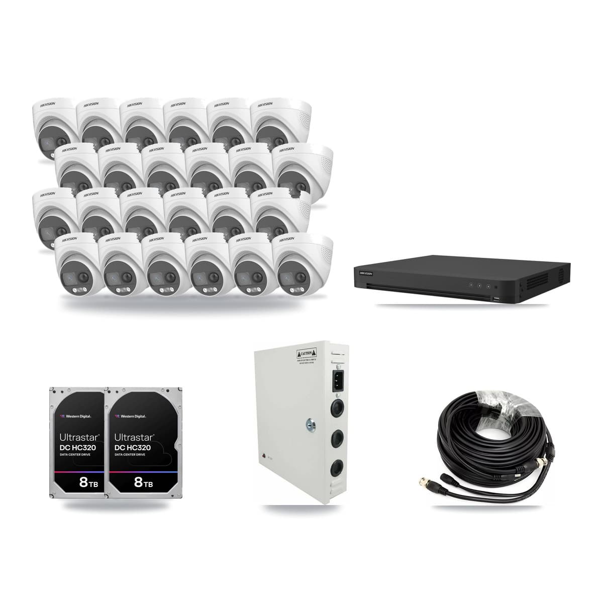 Hikvision 32-channel CCTV kit: 24 cameras (24× 5MP Turret), 2× 8TB hard drive