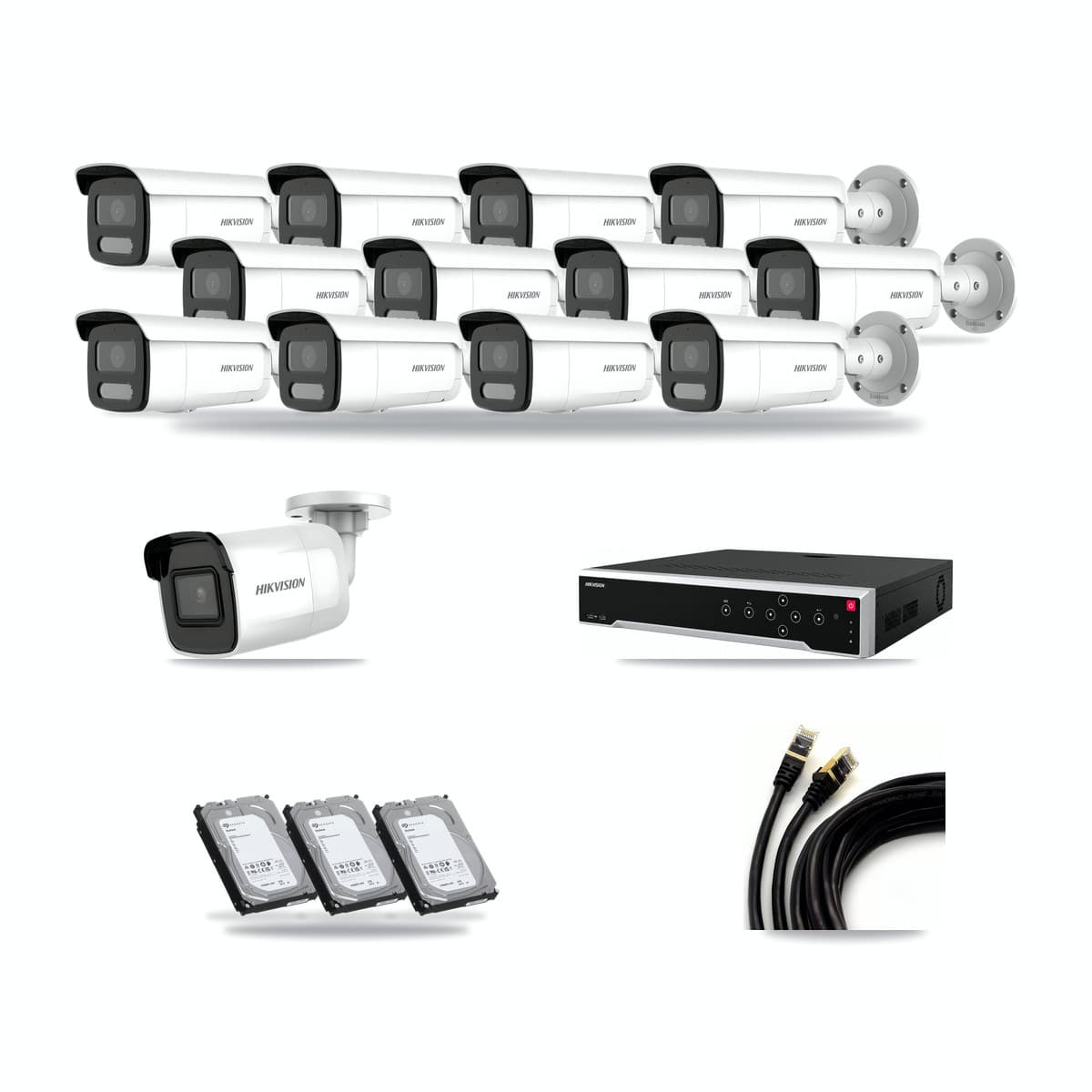 Hikvision 32-channel CCTV kit: 13 cameras (12× 4MP Bullet + 1× 4K Bullet), 3× 6TB hard drive