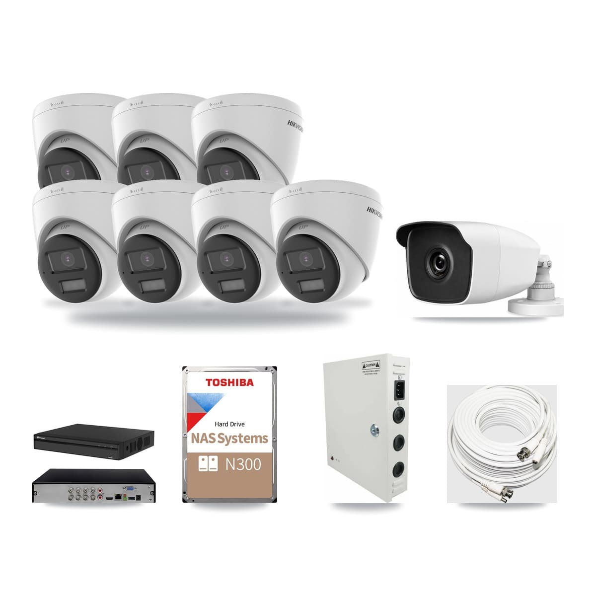 Prolux 8-channel CCTV kit: 8 cameras (7× 4K Turret + 1× 3MP Bullet), 18TB hard drive