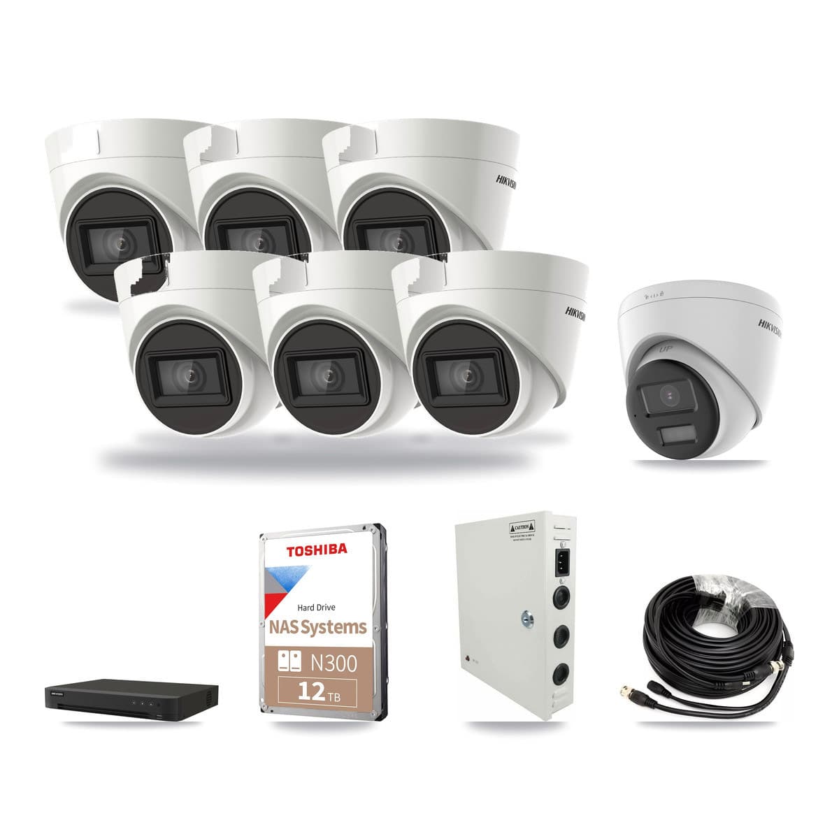 Hikvision 8-channel CCTV kit: 7 cameras (6× 4K Turret DS-2CE78U1T + 1× 4K Turret DS-2CE78U0T), 12TB hard drive