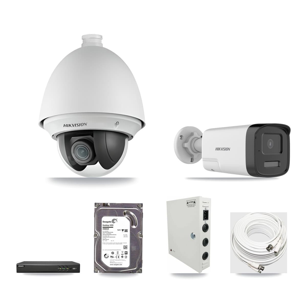 Hikvision & ANNKE 4-Channel 2MP – 5MP CCTV Kit — 1 DS-2AE4225T 2MP PTZ + 1 DS-2CE17K0T 5MP Bullet Cameras + 2TB Recording - Image 1