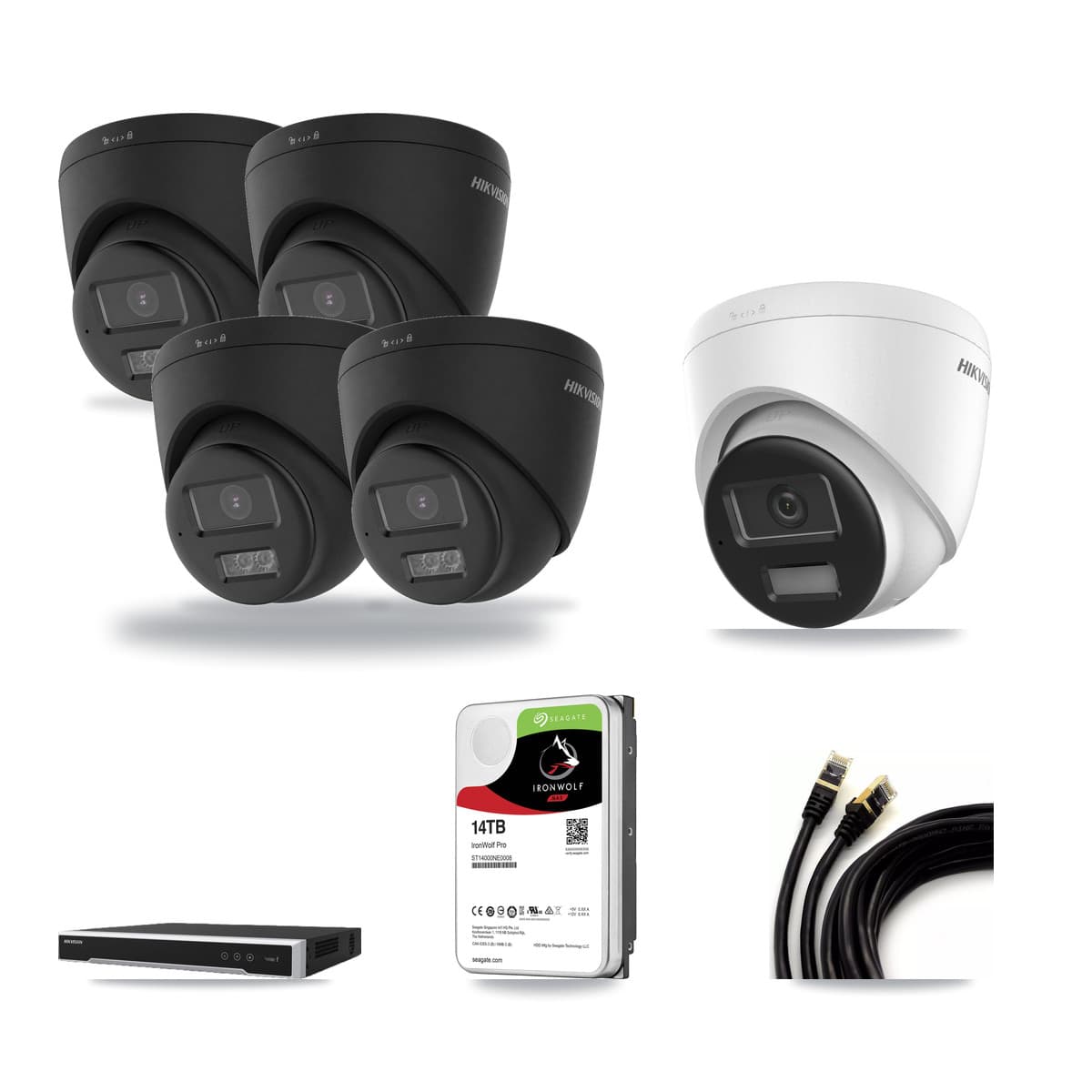 Hikvision 8-channel CCTV kit: 5 cameras (4× 4K Turret DS-2CD1383G2-LIUF/SL-BLACK + 1× 4K Turret DS-2CD1383G2-LIUF/SL), 14TB hard drive