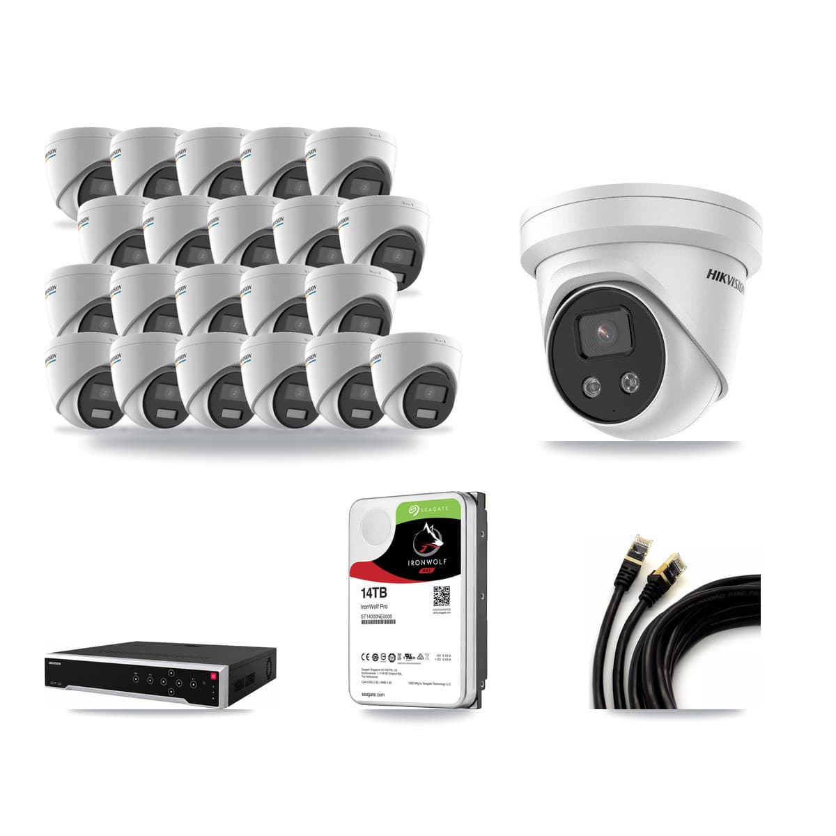 Hikvision 32-channel CCTV kit: 22 cameras (21× 2MP Turret + 1× 5MP Turret), 14TB hard drive