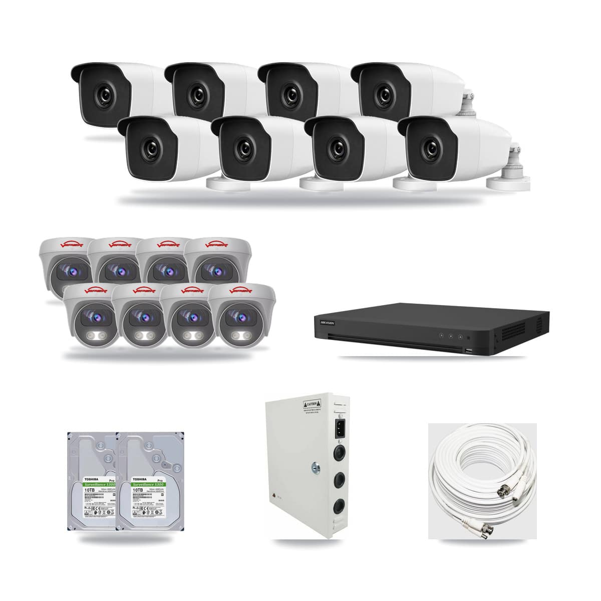 32-Channel 3MP – 5MP CCTV Kit — 8 3MP Bullet + 8 White 5MP Cameras + 2× 10TB Recording (IDS-7232HQHI Recorder) - Image 1