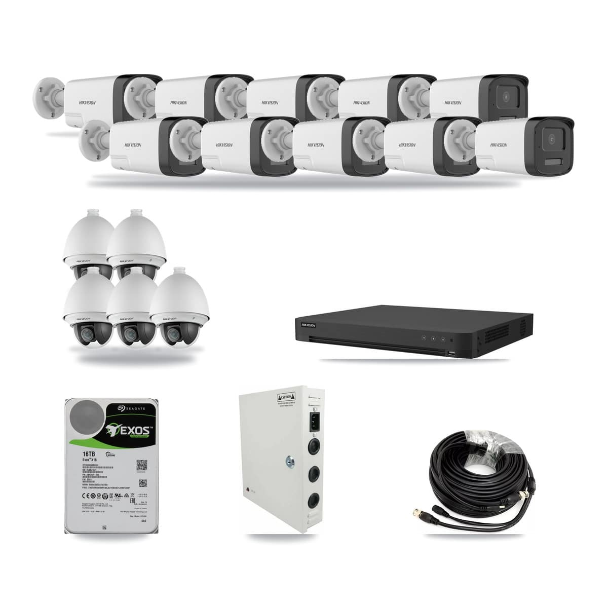 Hikvision 16-channel CCTV kit: 15 cameras (10× 5MP Bullet + 5× 2MP PTZ), 16TB hard drive