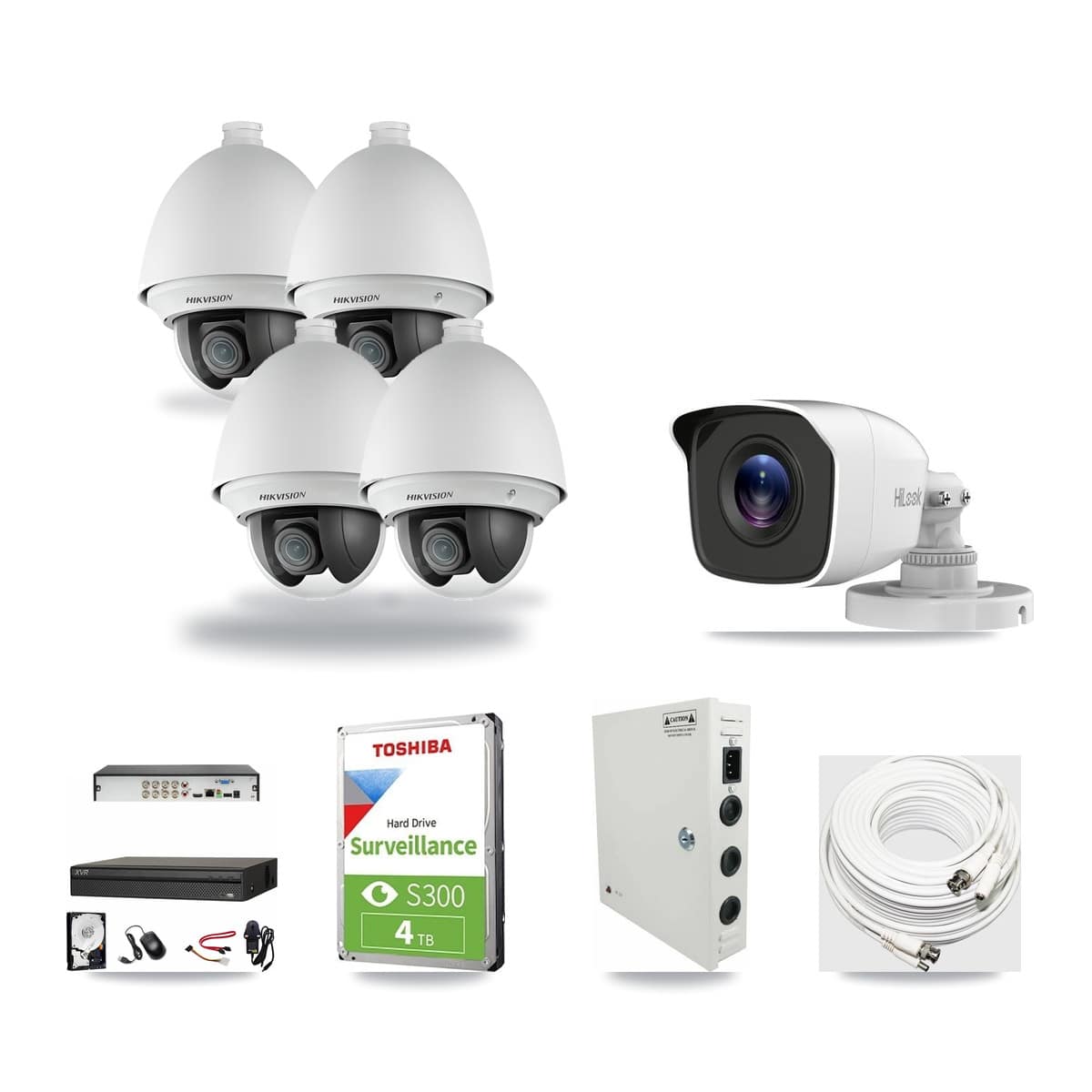 8-Channel 2MP – 4MP CCTV Kit — 4 Hikvision DS-2AE4225T-A 2MP PTZ + 1 HiLook THC-B140-R 4MP Bullet Cameras + 4TB Recording (XVR-3108AD-4K Recorder) - Image 1
