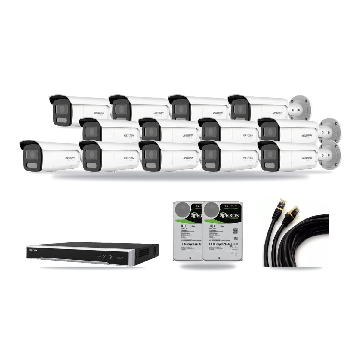 Hikvision 16-channel CCTV kit: 13 cameras (13× 4K Bullet), 2× 16TB hard drive