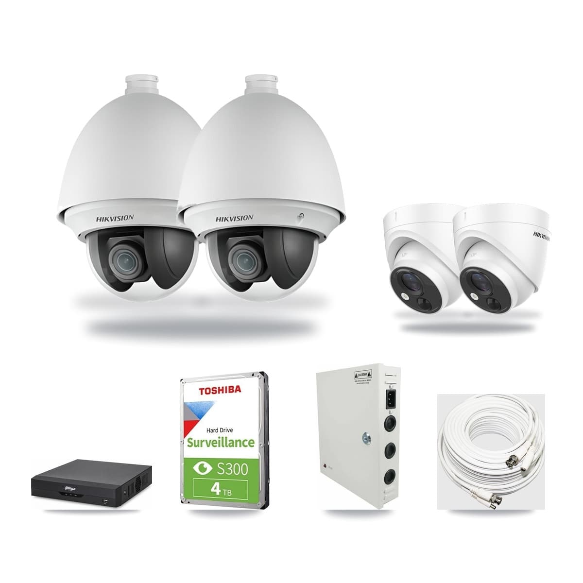 Hikvision & Dahua 4-Channel 2MP – 5MP CCTV Kit — 2 DS-2AE4225T 2MP PTZ + 2 DS-2CE71H0T 5MP Turret Cameras + 4TB Recording - Image 1